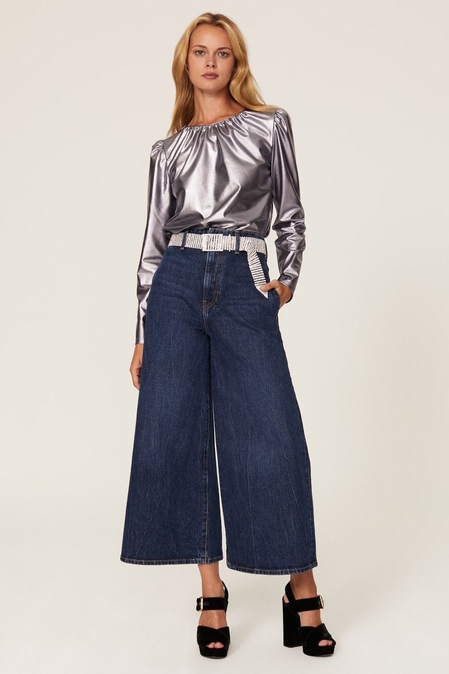 Derek Lam Collective Kary Silver Metallic Long Puff Sleeve Blouse Size 2